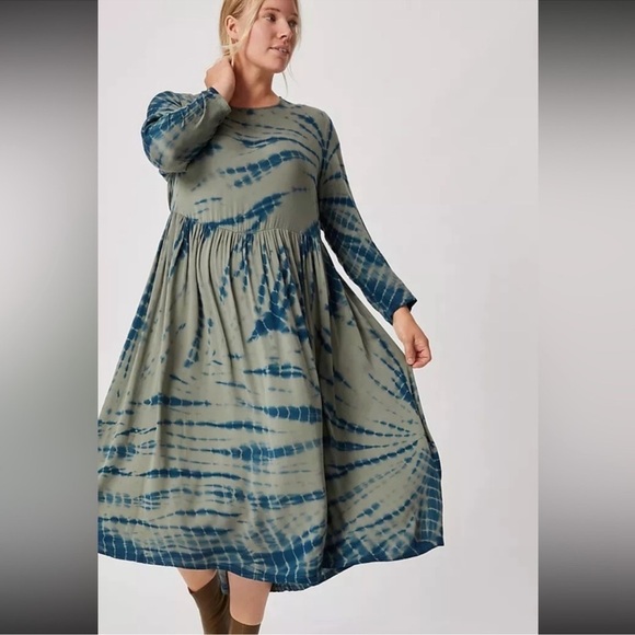 ANTHROPOLOGIE Dolan Eliska Tie-Dye Modest Oversized Dress Moss Green/Blue Sz. M - Picture 3 of 11